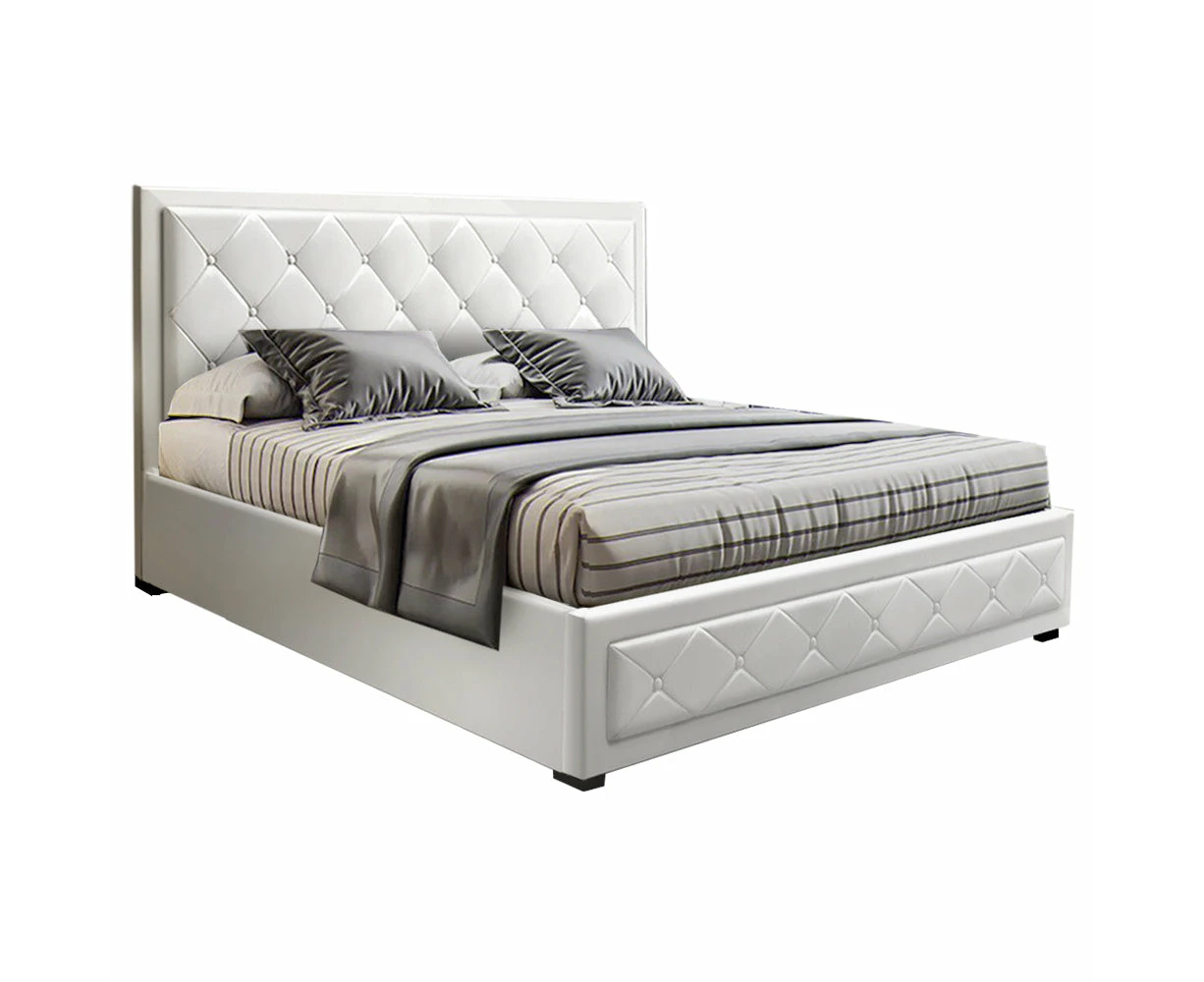 Tiyo Bed Frame PU Leather Gas Lift Storage - White Queen