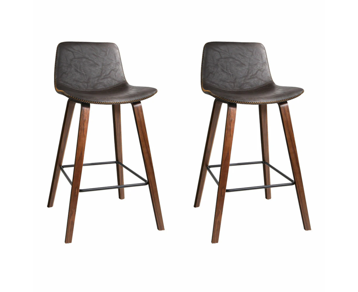 Set of 2 PU Leather Bar Stools Square Footrest - Wood and Brown