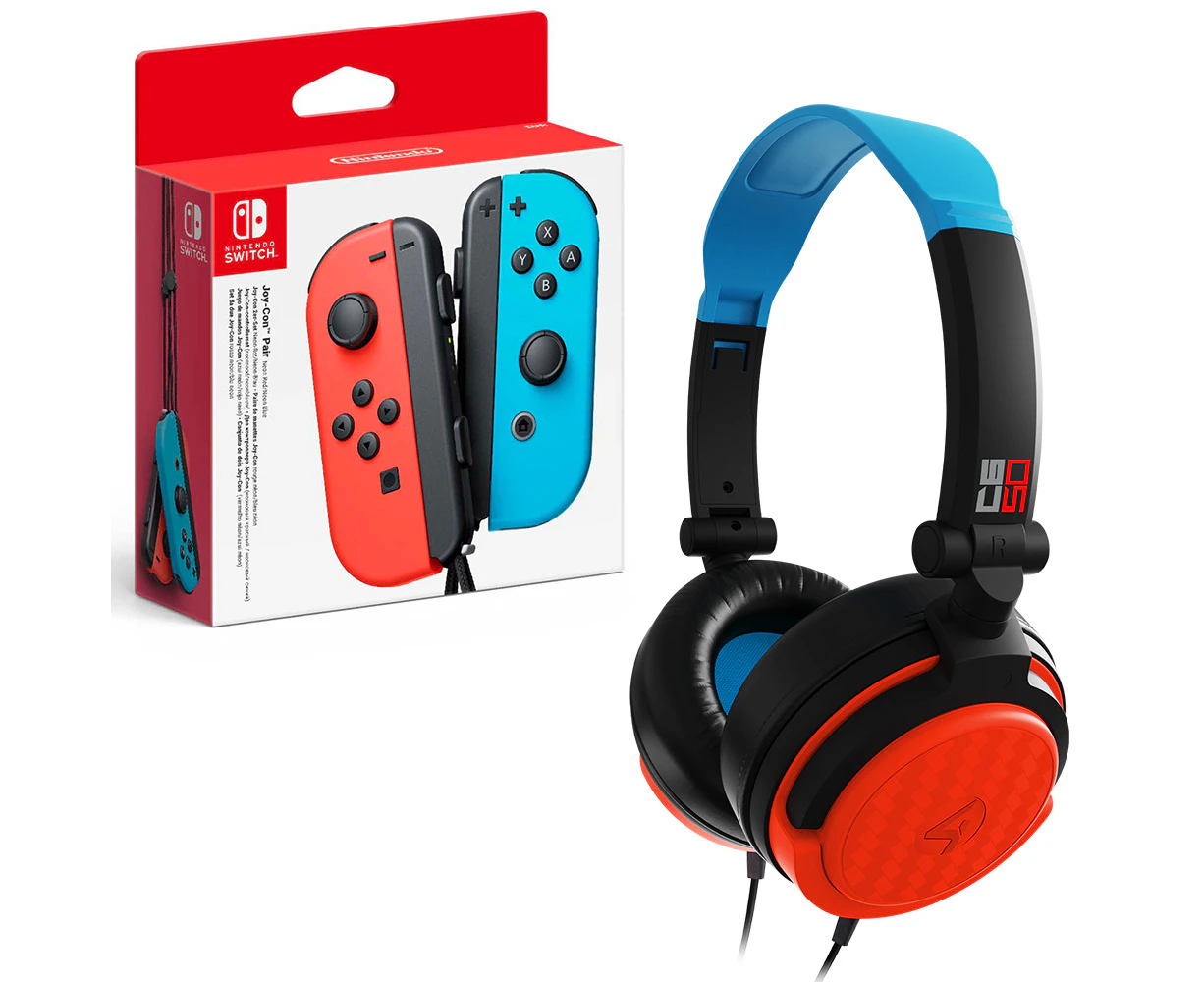 Nintendo Switch Joy-Con Controller Set with 4Gamers C6-50 Wired Gaming Headset Neon Blue and Red Bundle