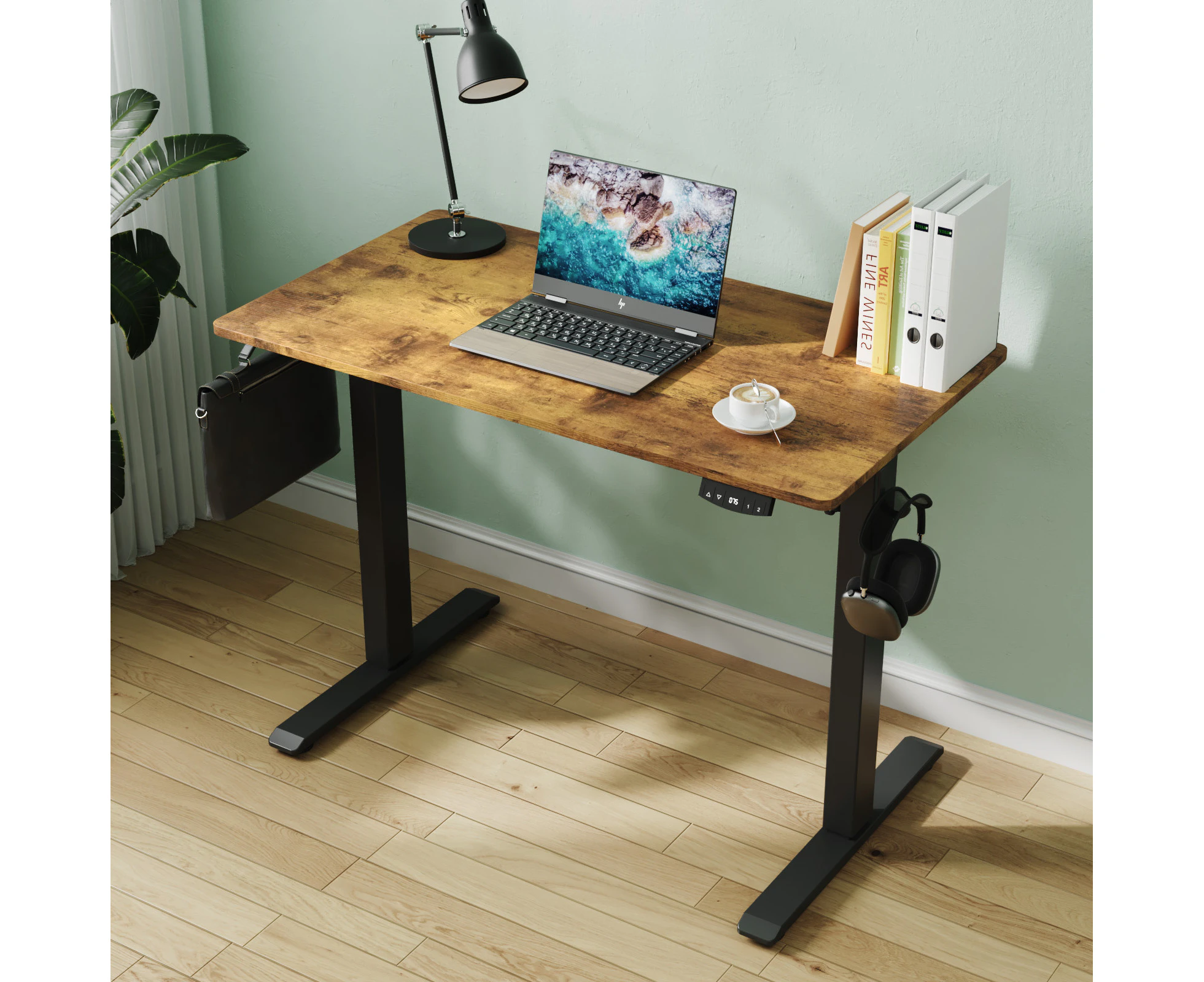 Ufurniture Standing Desk Electric Height Adjustable Ergonomic Sit Stand Desks Whole Piece Desktop 100 cm Black Frame+ Walnut Desktop