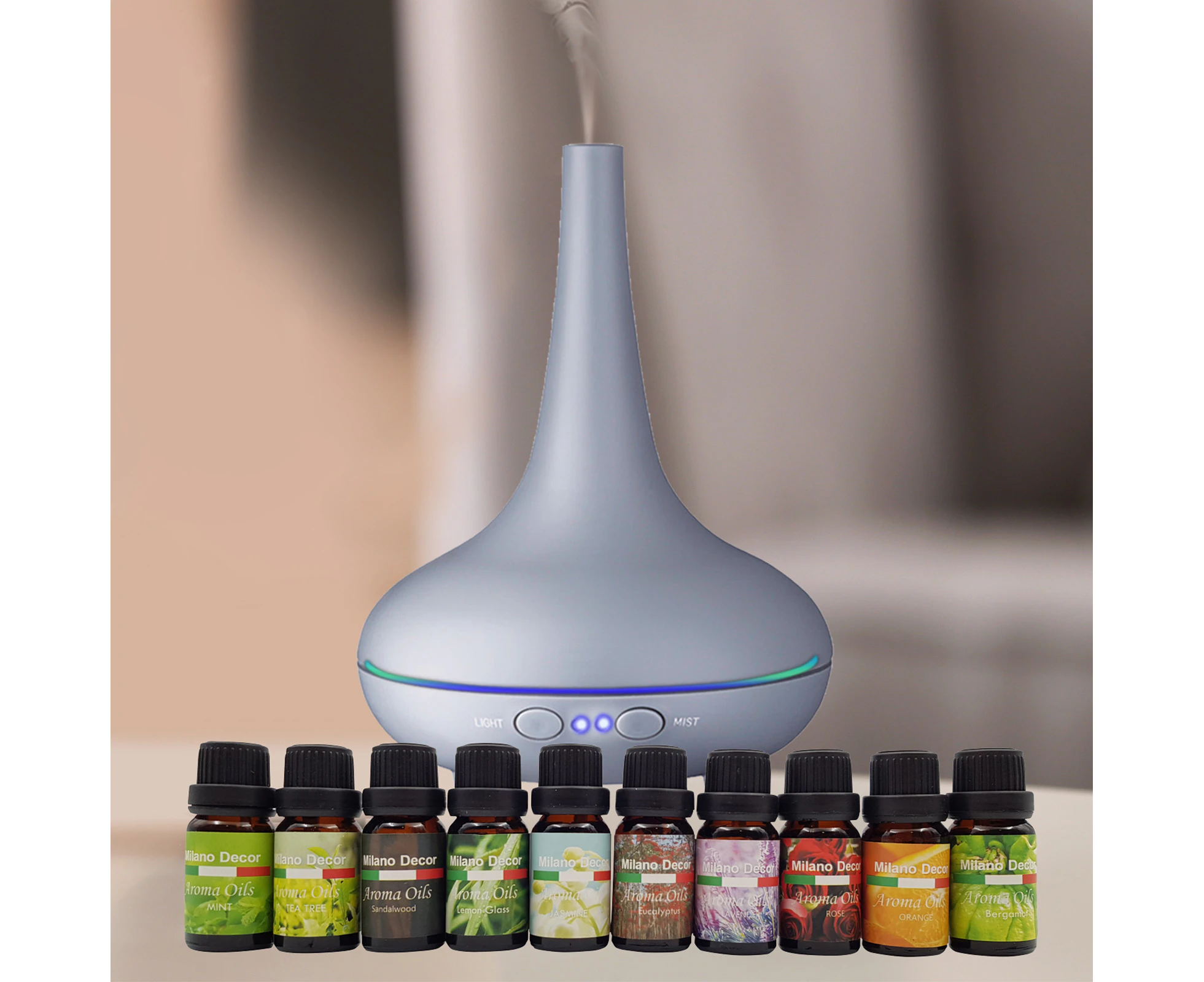 Milano Aroma Diffuser Set With 10 Pack Diffuser Oils Humidifier Aromatherapy - Colour: Matt Grey