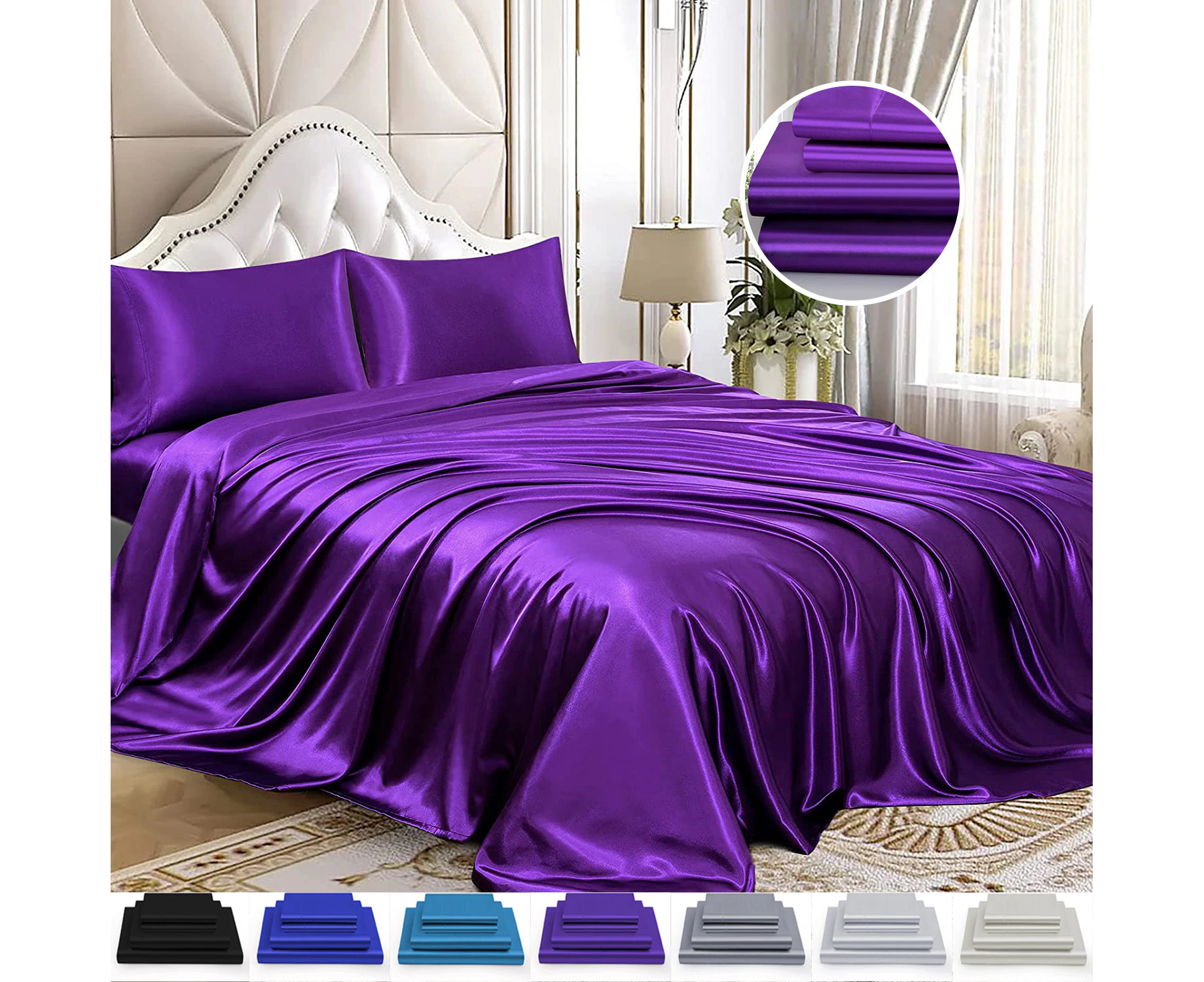 4Pcs 2000TC Silky Satin Sheet Set Flat Fitted Sheet&Pillowcase Ultra Smooth Sheet