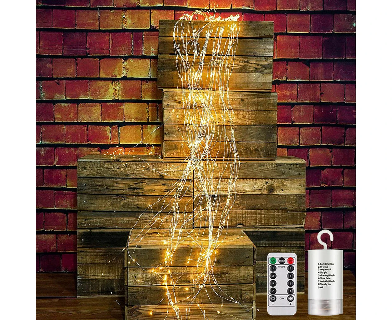 2m LED waterfall fairy lights warm white light bundle 8 light modes battery operated with remote control indoor outdoor decoration