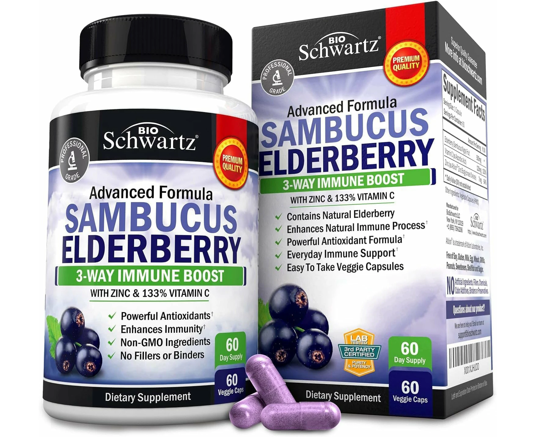 Sambucus Elderberry Capsules with Zinc & Vitamin C - Women & Men&#39;s Daily Herbal Supplement for Immune Support, Skin | Daily Support