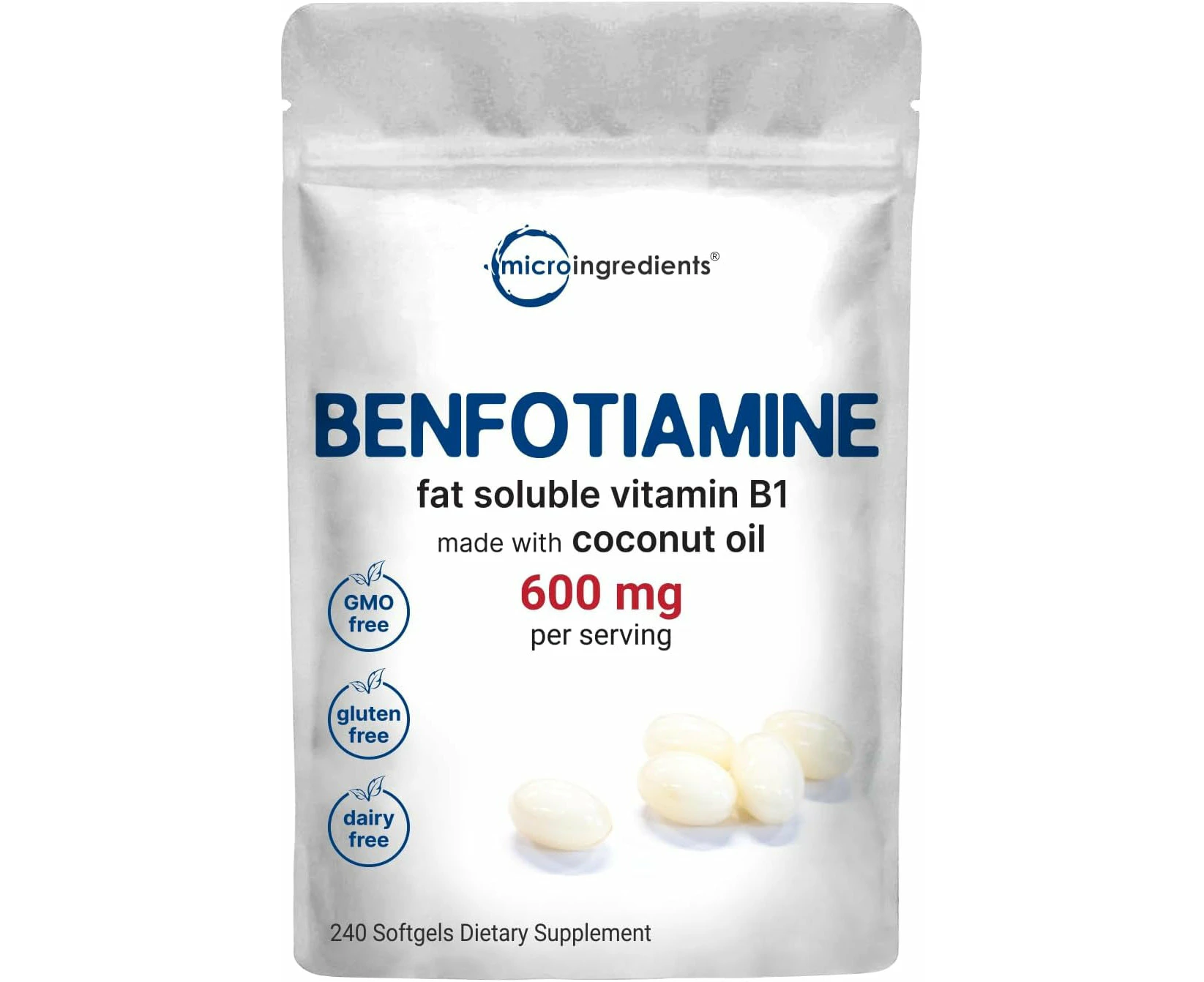 Micro Ingredients Vitamin B1 Benfotiamine 600mg Per Serving, 240 Coconut Oil Softgels | Bioavailable B Vitamins Supplement, Conver - for Wellness