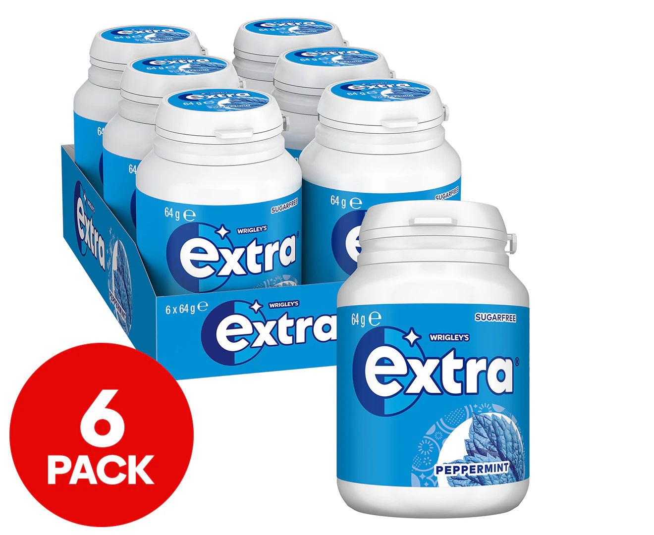 6 x Wrigley's Extra Sugar-Free Chewing Gum Peppermint 64g