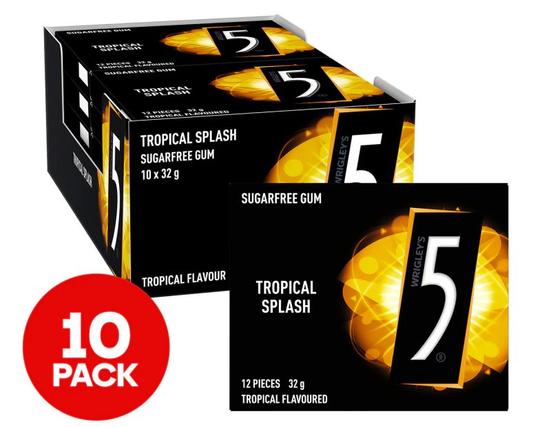 10 x Wrigley's 5 Sugarfree Chewing Gum Tropical Splash 32g