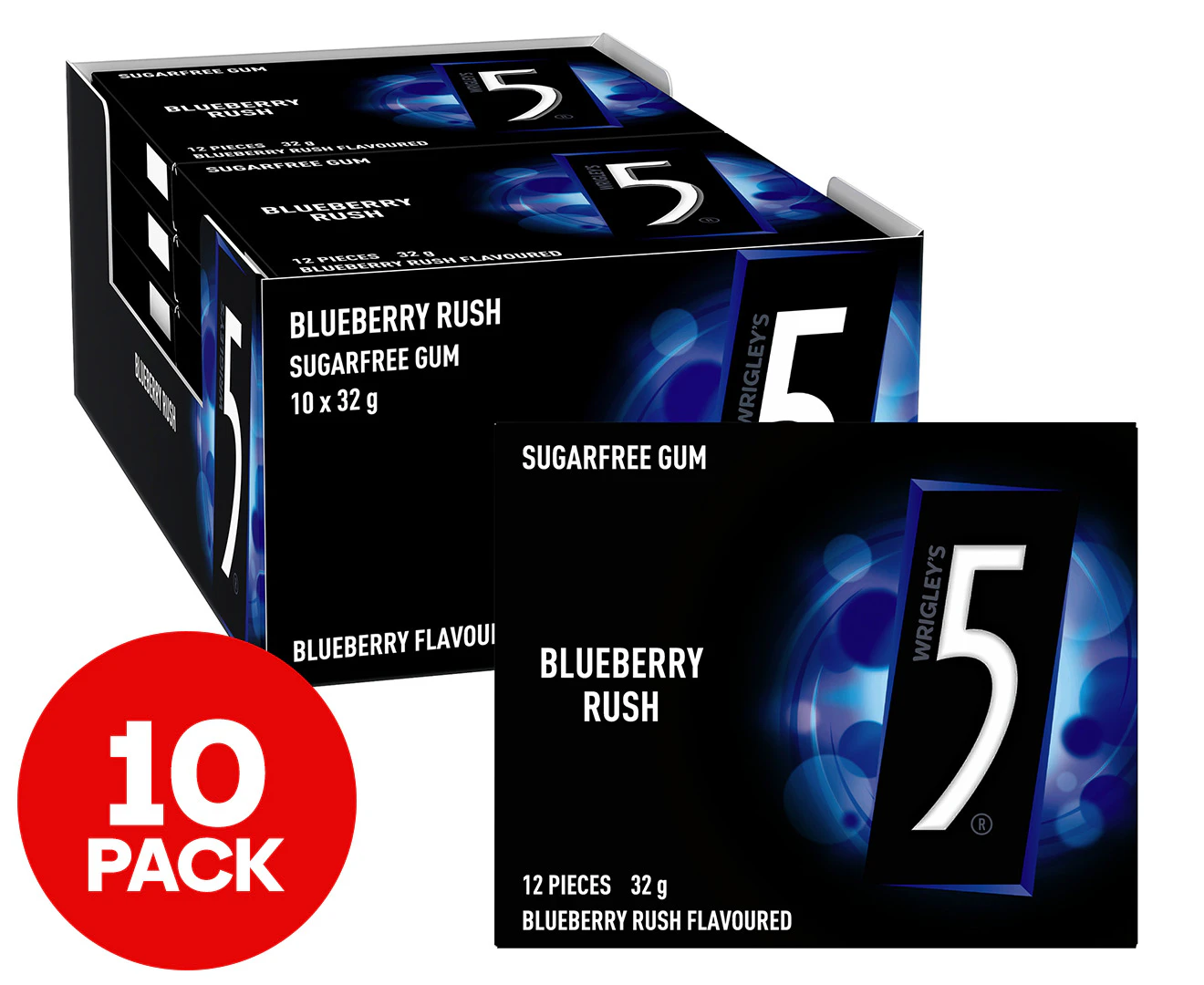 10 x Wrigley's 5 Sugarfree Chewing Gum Blueberry Rush 32g