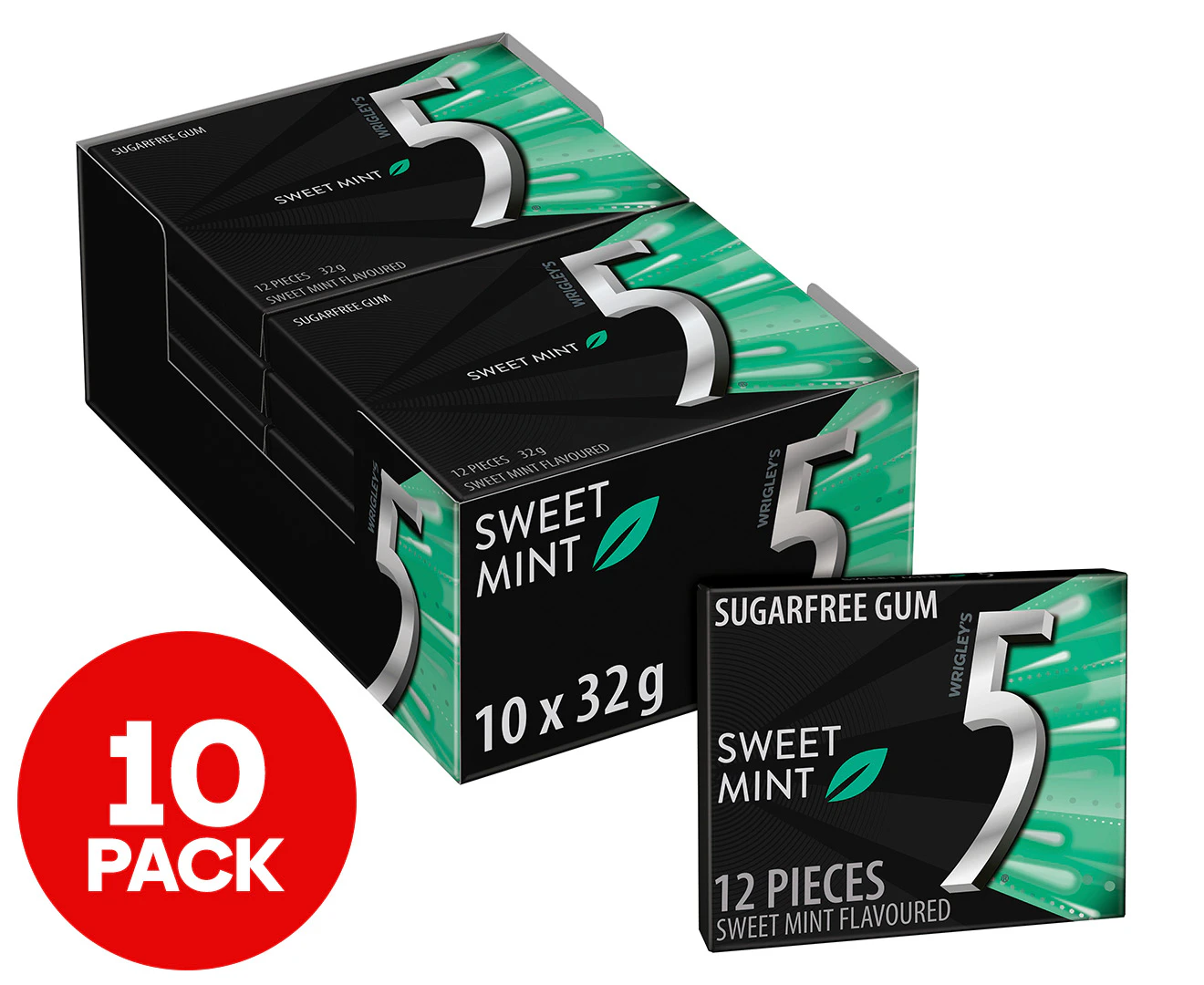 10 x Wrigley's 5 Sugarfree Chewing Gum Sweet Mint 32g