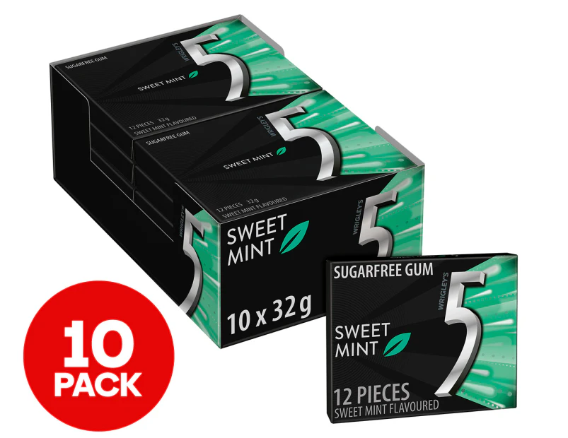 10 x Wrigley's 5 Sugarfree Chewing Gum Sweet Mint 32g