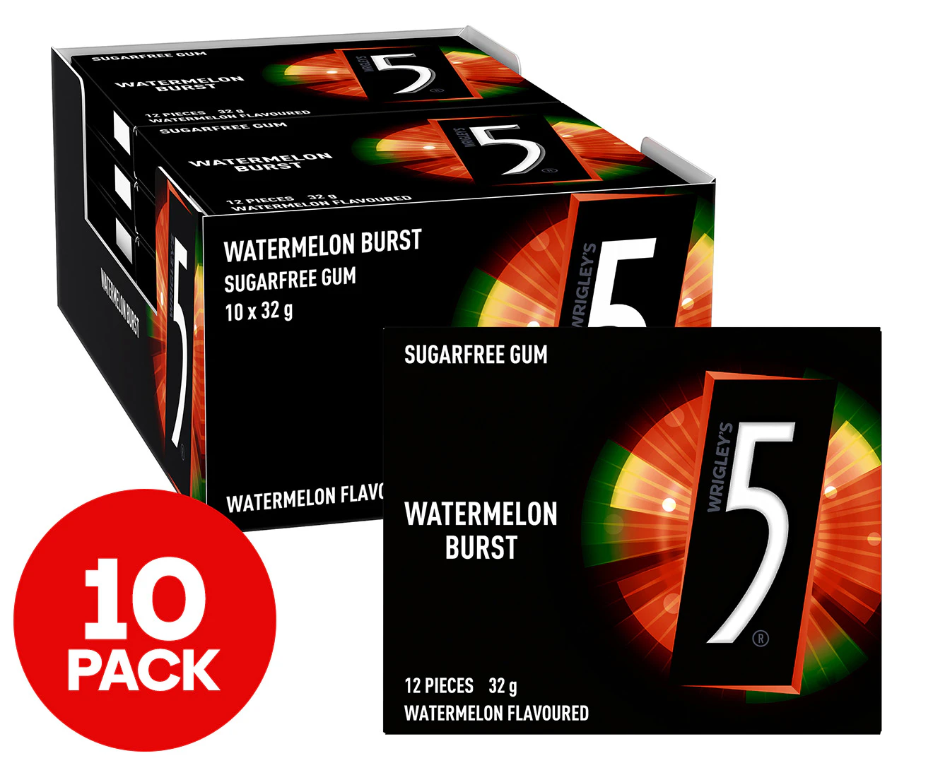 10 x Wrigley's 5 Sugarfree Chewing Gum Watermelon Burst 32g