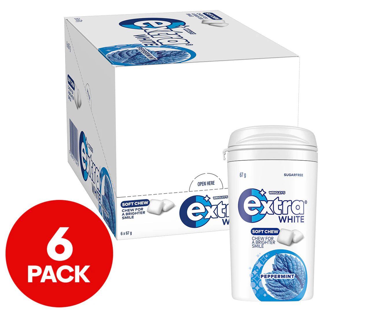 6 x Extra White Soft Chew Sugarfree Gum Peppermint 67g