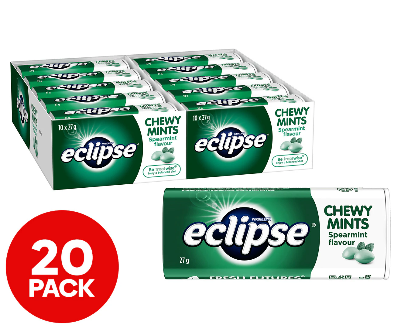 20 x Eclipse Chewy Mints Tin Spearmint 27g