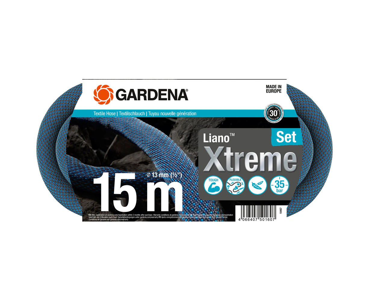 Gardena Textile Liano Xtreme 15m Watering Hose Lawn/Garden Plant Watering Set