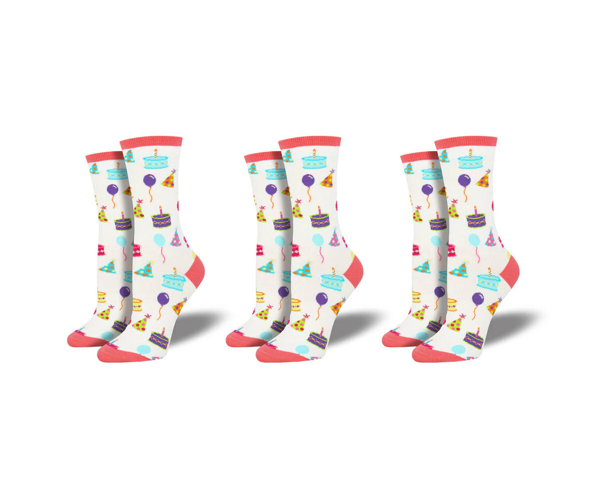 3x Socksmith Ladies Novelty Trendy Socks Happy Birthday to You White One Size