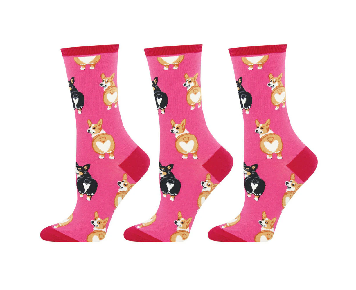 3x Socksmith Ladies Fashionable Trendy Novelty Socks Corgi Butt Pink One Size