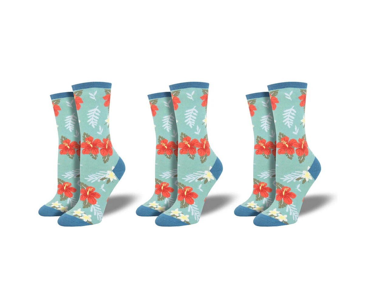 3x Socksmith Ladies Fashionable Novelty Socks Aloha Floral Sky Blue One Size