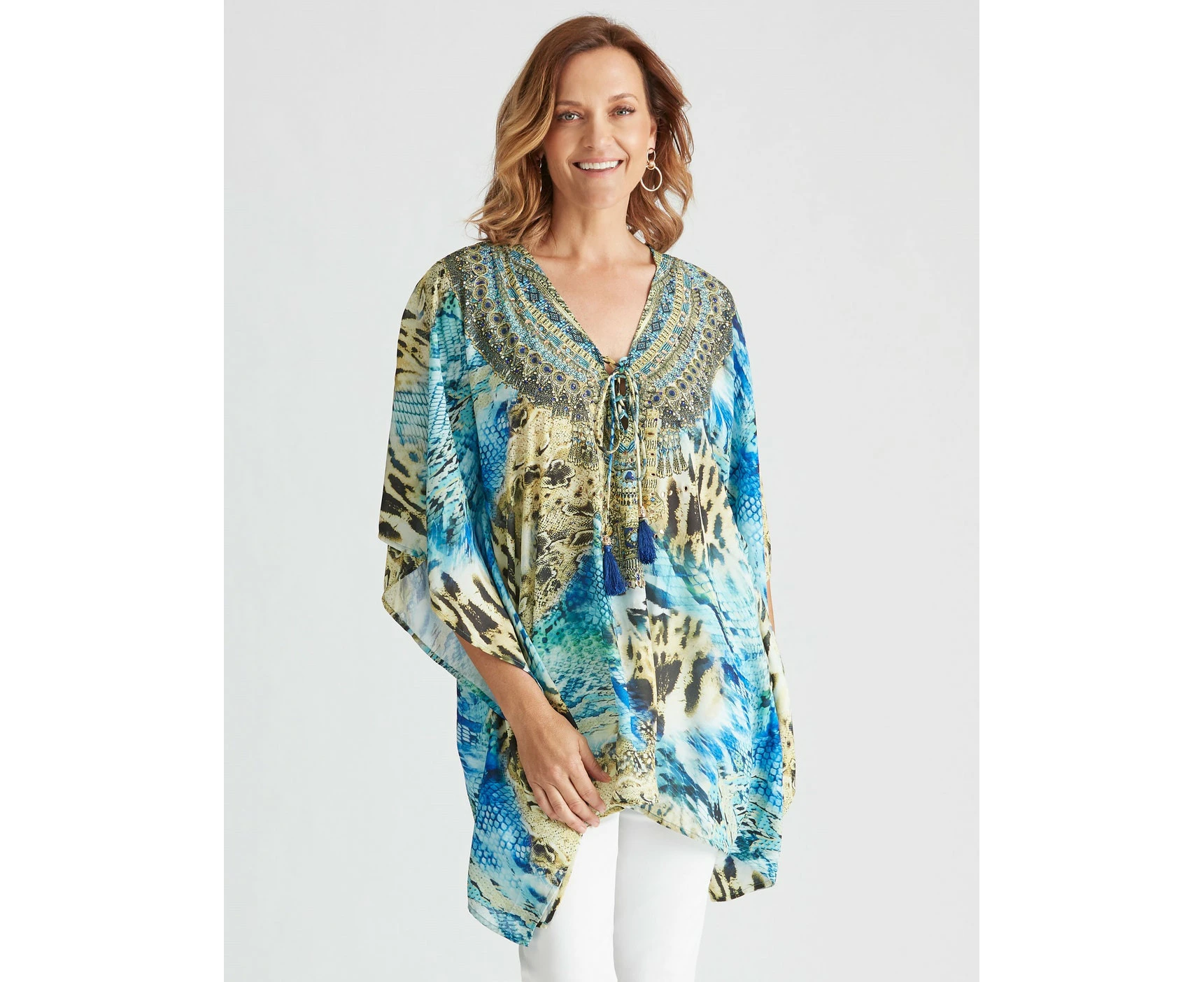 MILLERS - Womens Tops -  Extended Sleeve Gold Animal Kaftan