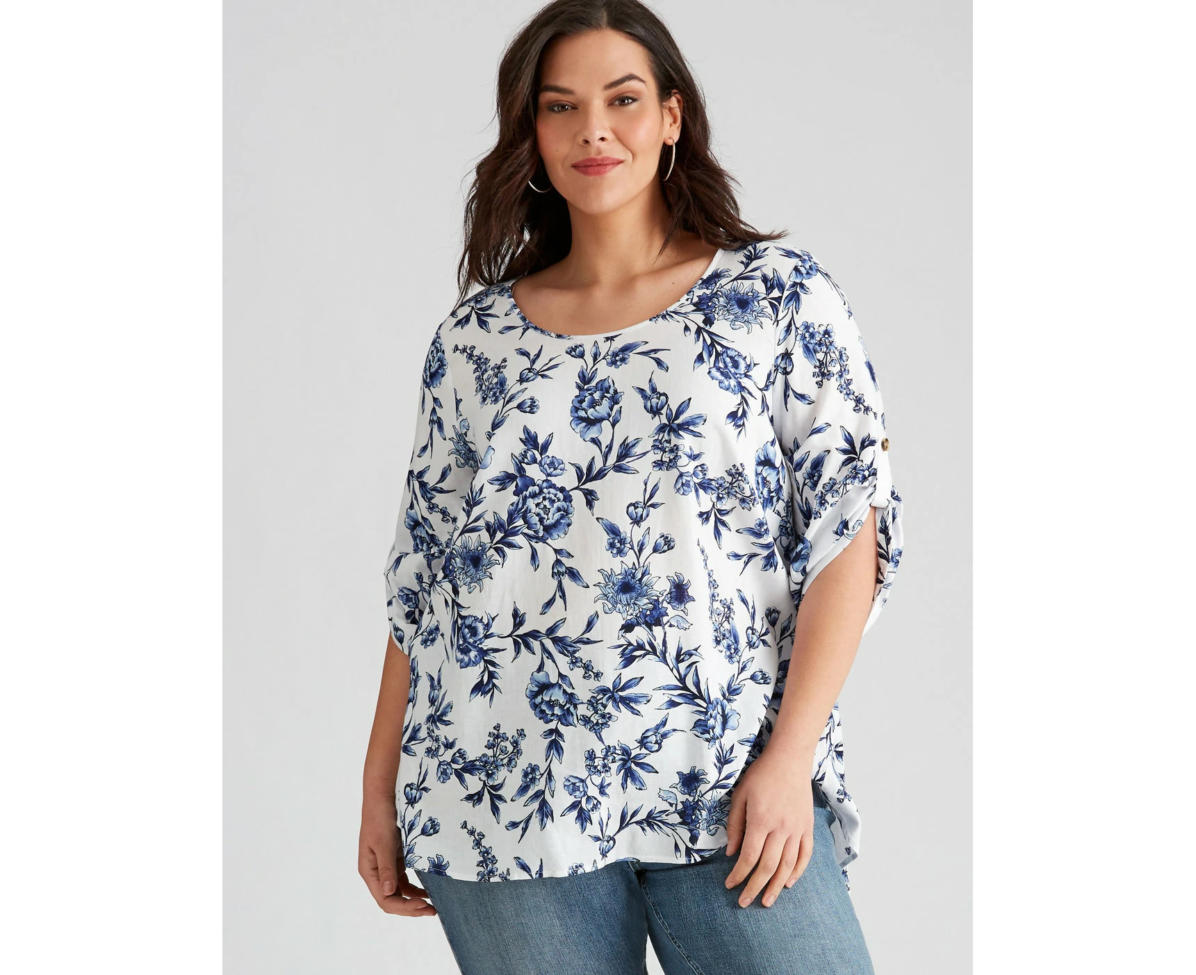 AUTOGRAPH - Plus Size - Womens Summer Tops - Blue Blouse / Shirt - Linen Floral - Toile - Elbow Sleeve Scoop Neck - Long - Woven - Button Back Clothes