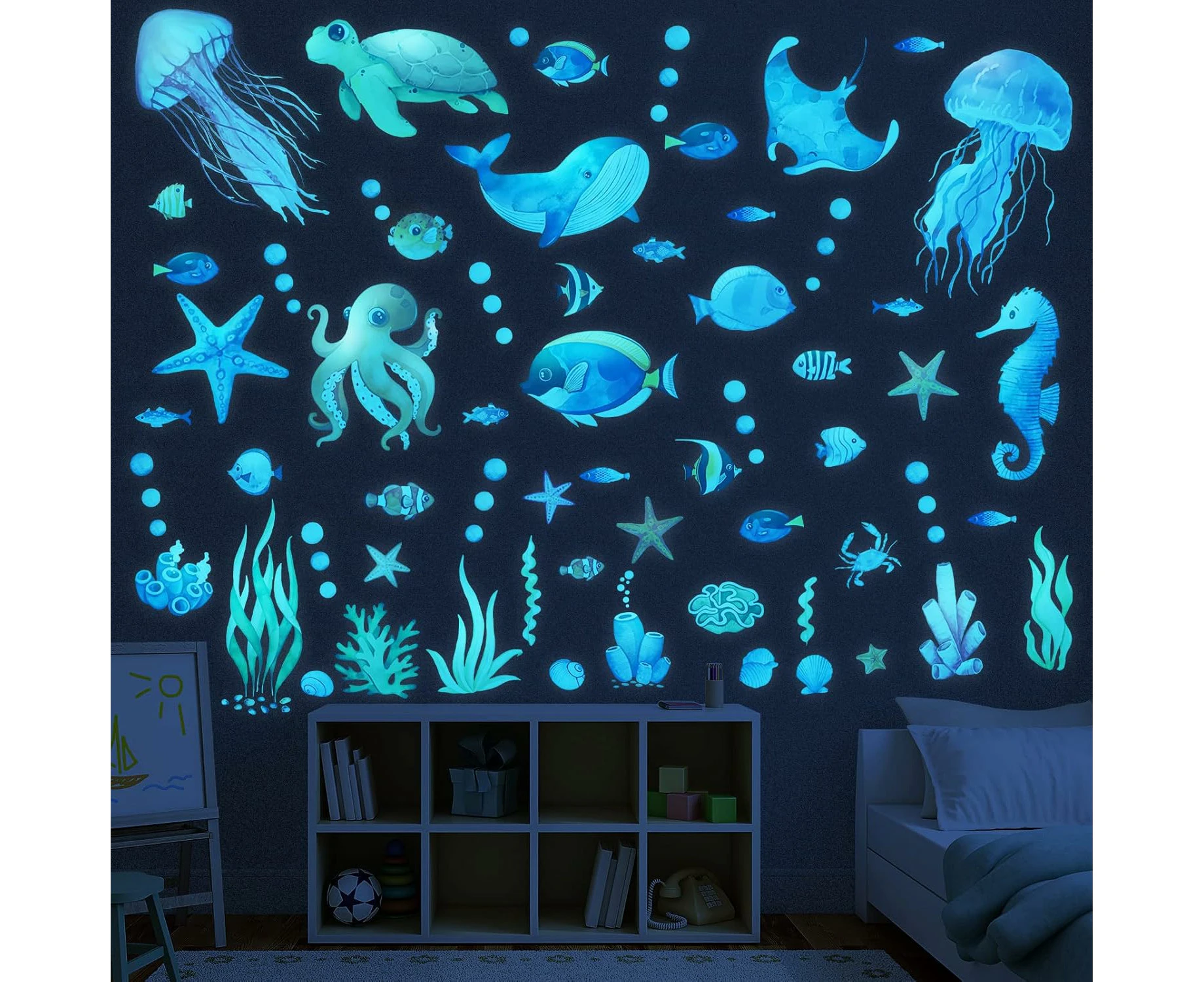 Glow-in-the-Dark Sea Animals Wall Decals, Fluorescent Underwater World Stickers for Kids' Bedrooms, Blue Moon Stickers