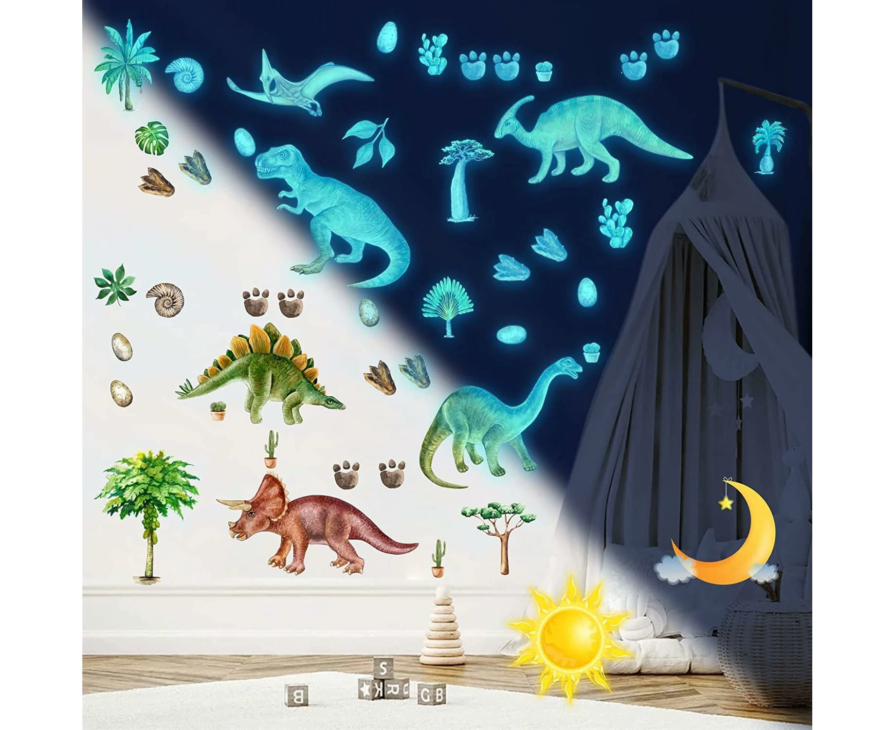 Glow-in-the-Dark Dinosaur Wall Stickers, Self-Adhesive Dinosaur Wall Decals for Kids' Rooms, Glow-in-the-Dark Dino Stickers