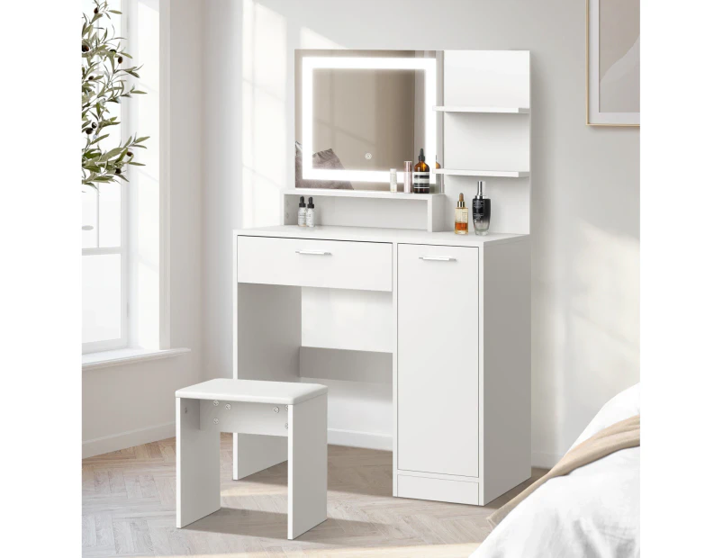 Oikiture Dressing Table Stool Set Makeup Mirror LED Light Large Cabinet White