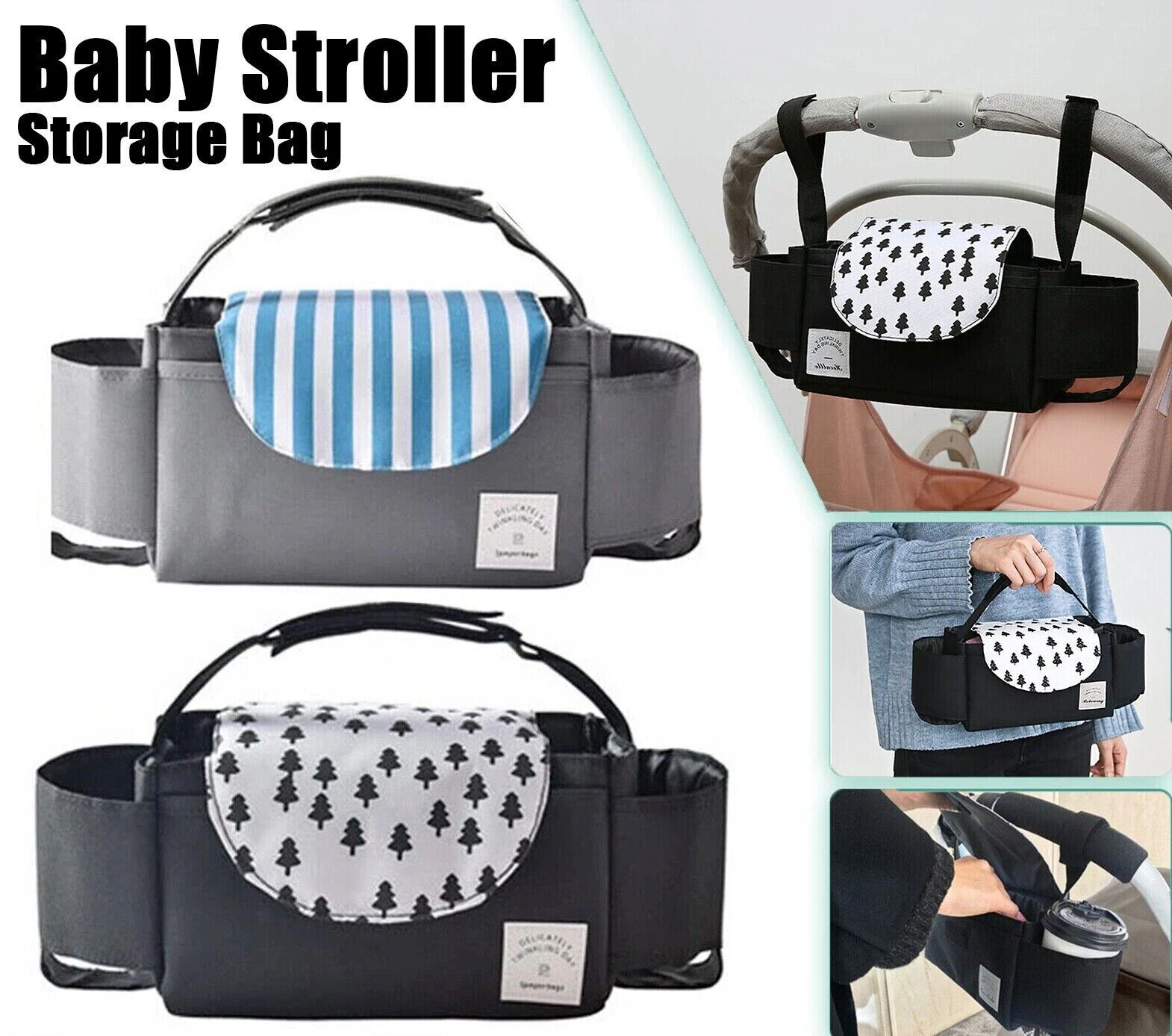 Stroller Baby Organiser Buggy Mummy Bag Pram Pushchair Cup Storage Blue Stripes