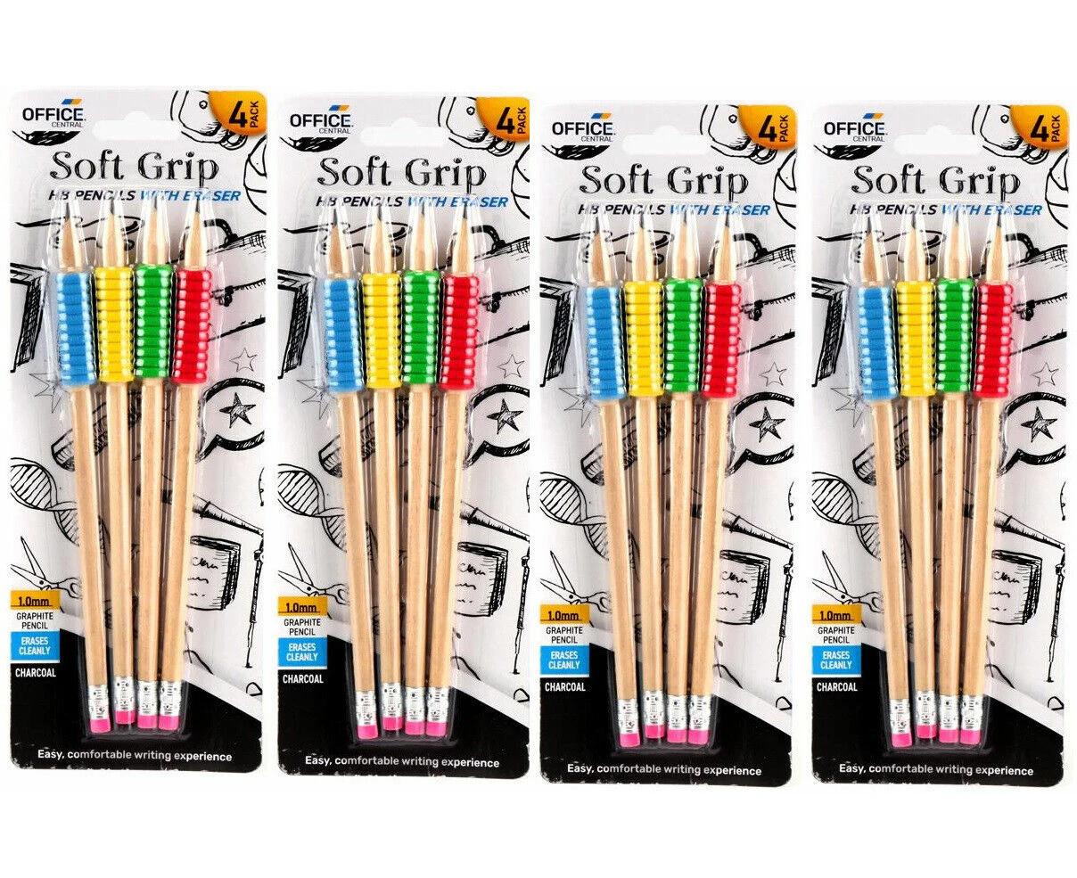 16x HB Pencils With Soft Grip - Bright School Kids Foam Pencil 4 Assorted Colours