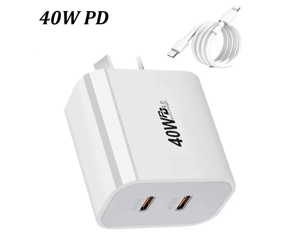 40W Dual USB C Charger PD Power Adapter + 2m Type C to Lightning Fast Cable Charger AU Plug Compatible with iPhone 14/13/12/11 Pro Max