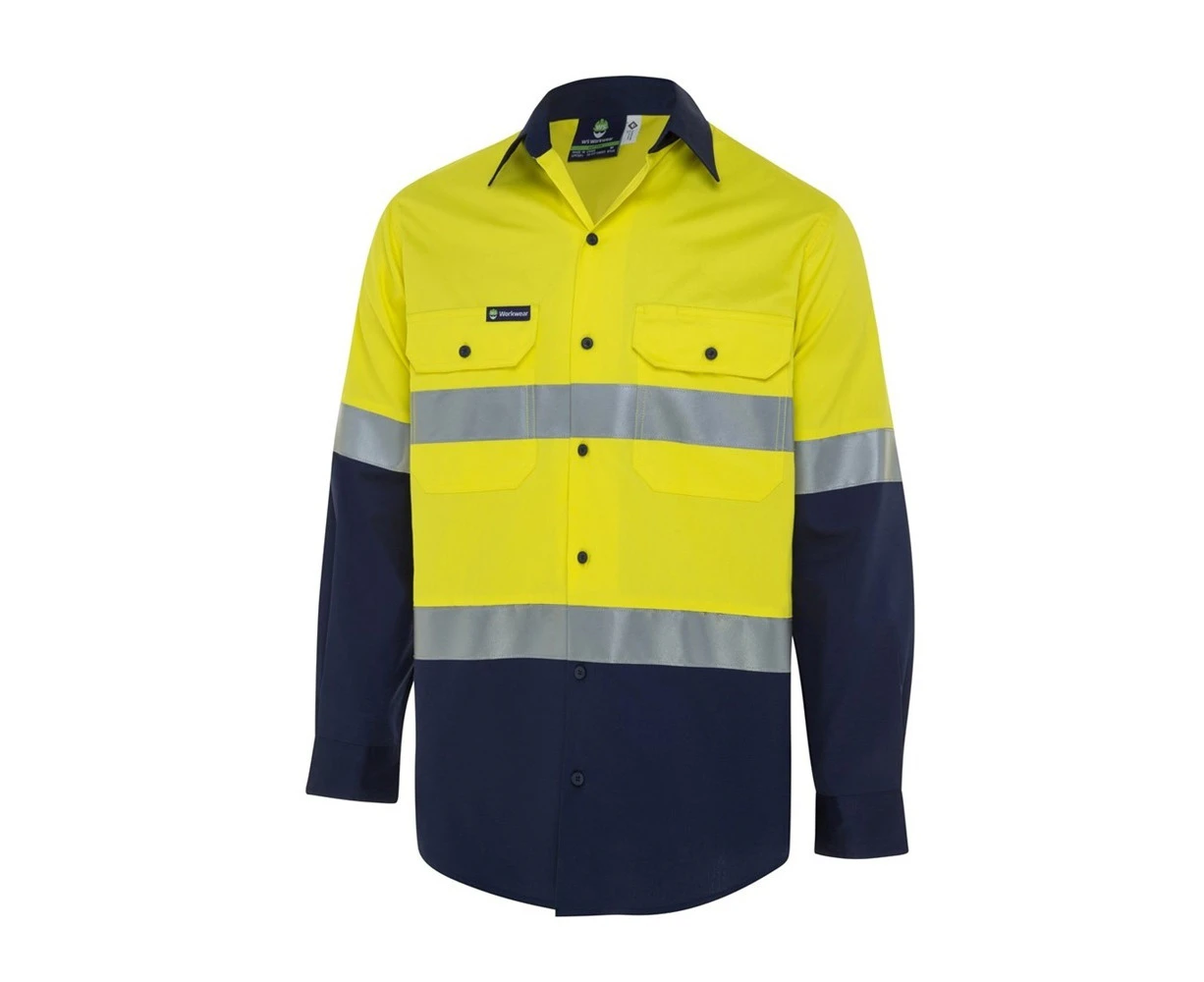 WS WORKWEAR Men's Hi-Vis Button-Up Shirt with Reflective Tape | Yellow | Navy