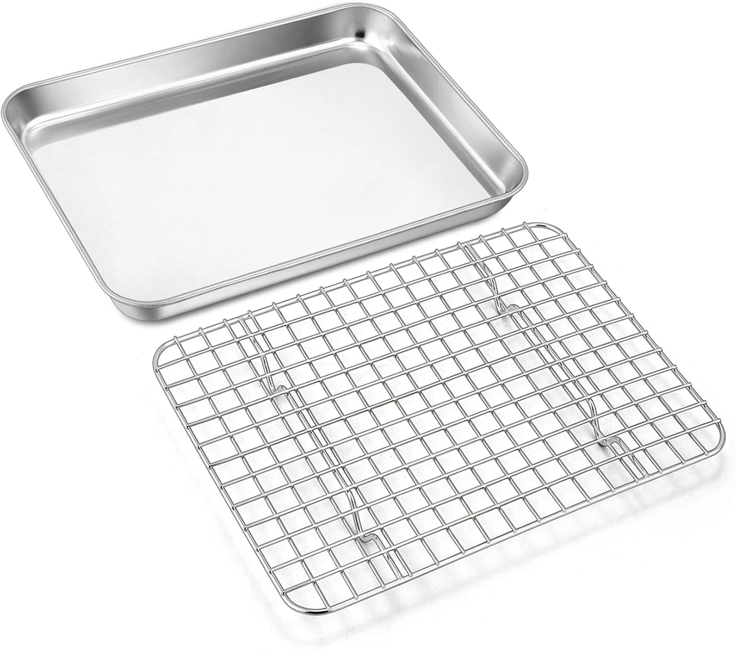 Stainless Steel Rectangular Toaster Oven Pan with Grid Rack for Cookies/Meats/Bacon, Non-toxic & Heavy Duty, Rust-free & Dishwasher Safe