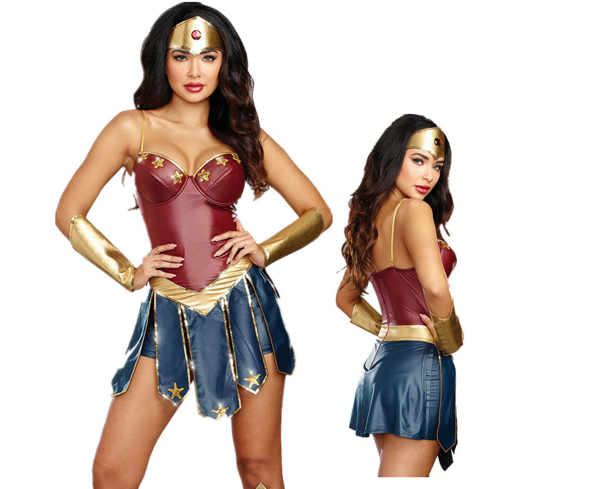 Women Halloween Wonder Woman Costume Superhero Diana Fancy Dress Outfit Set