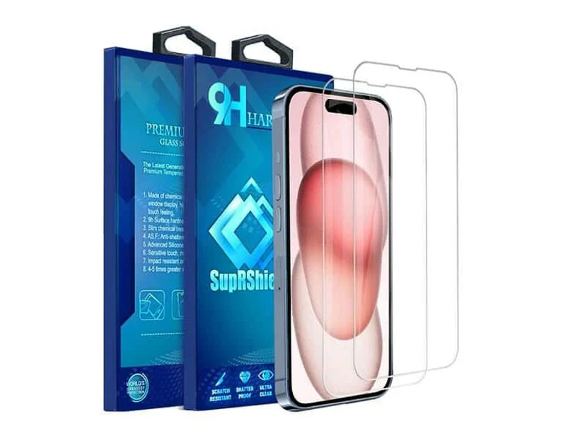 [2 PACK] For Apple iPhone 15 SupRShield Tempered Glass Screen Protector Film Guard