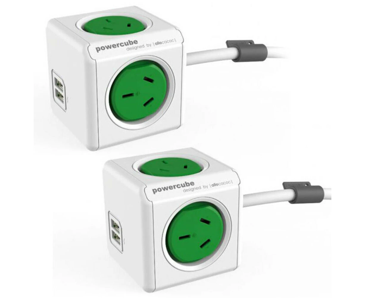 2PK PowerCube 4 Socket Mountable Power Board/3m Cord/Dual USB Charger 240v Green