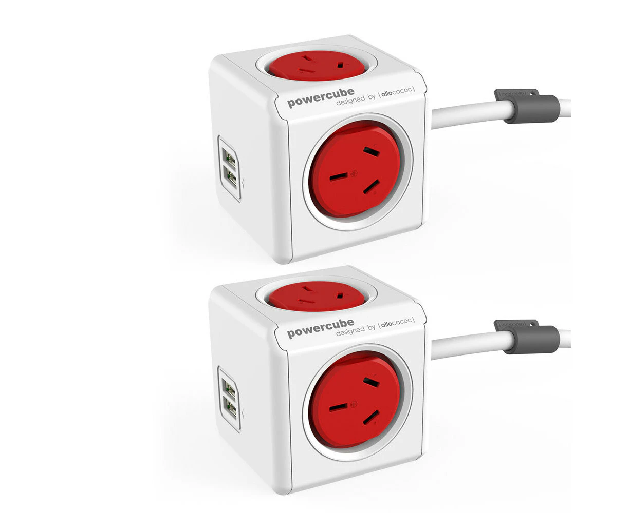 2PK PowerCube 4 Socket Mountable Power Board w/3m Cord/Dual USB Charger 240v Red