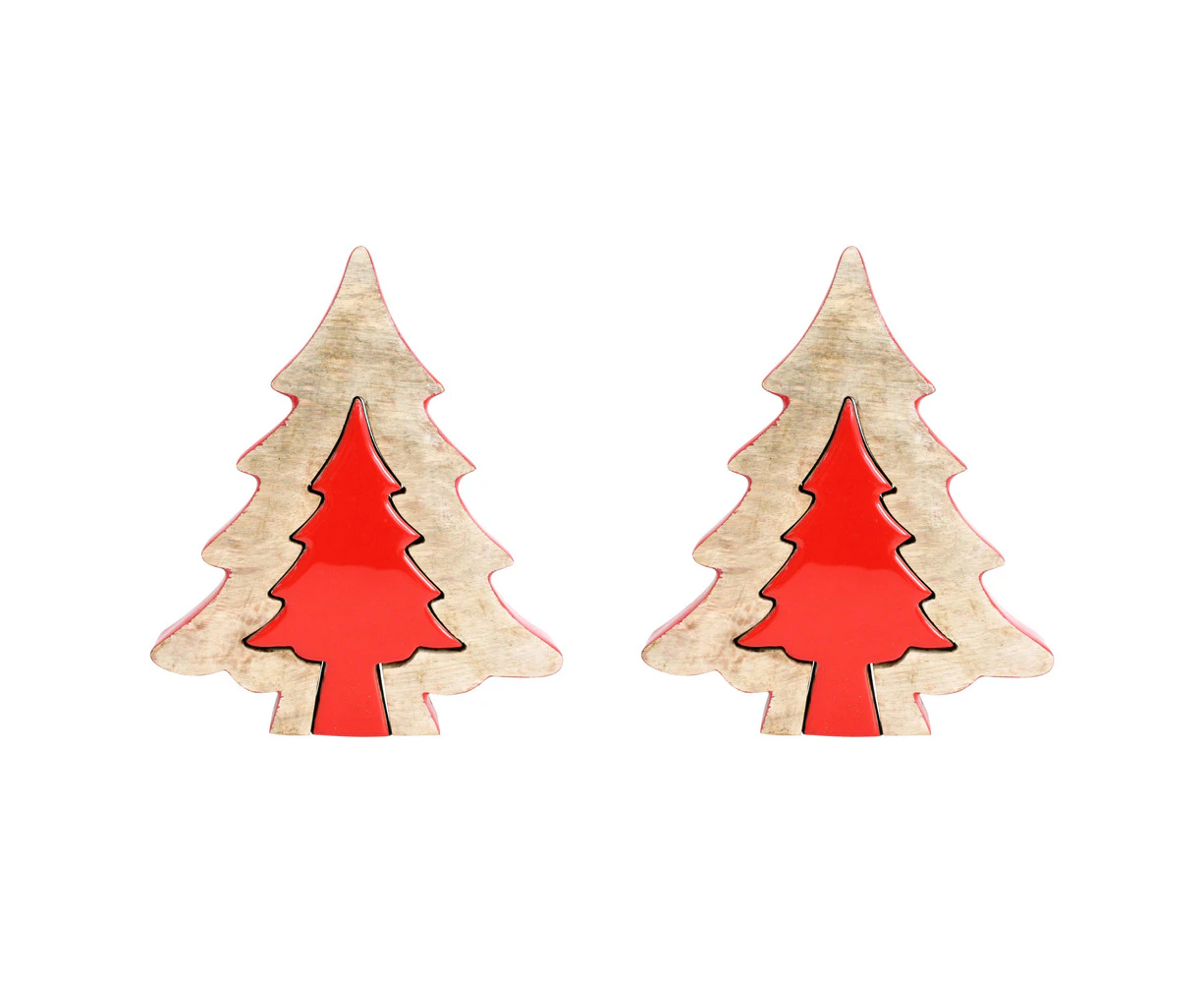 2PK LVD Mango Wood Dual Tree Home/Office Christmas Tree Decor Large 20x23cm Red