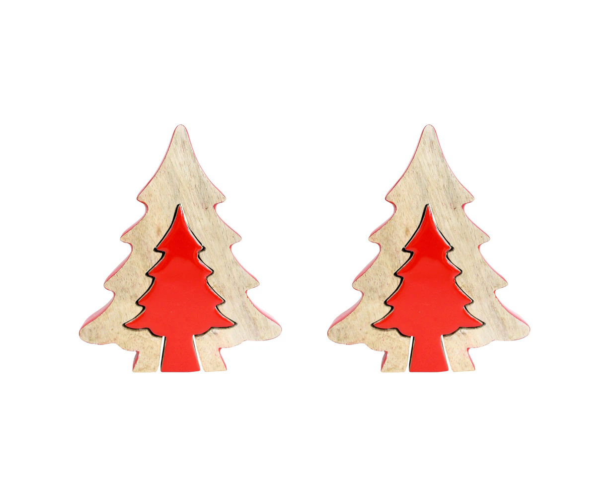 2PK LVD Mango Wood Dual Tree Home/Office Christmas Tree  Decor Med 16x20cm Red