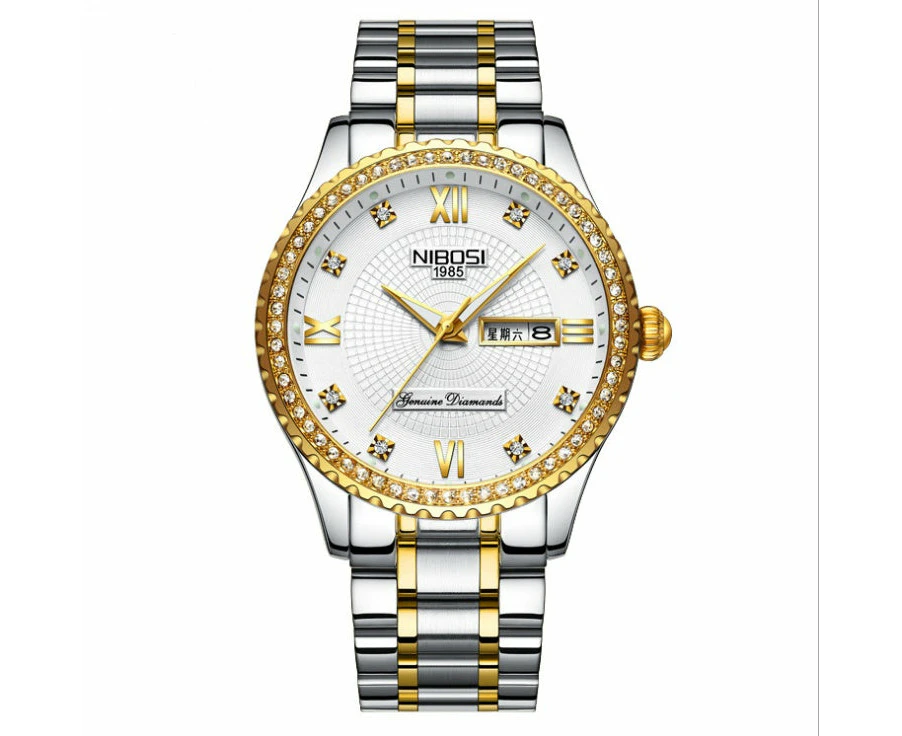 Waterproof Quartz Watch with Solid Steel Case, Date & Week Function, 40.5mm Dial - Golden white flour