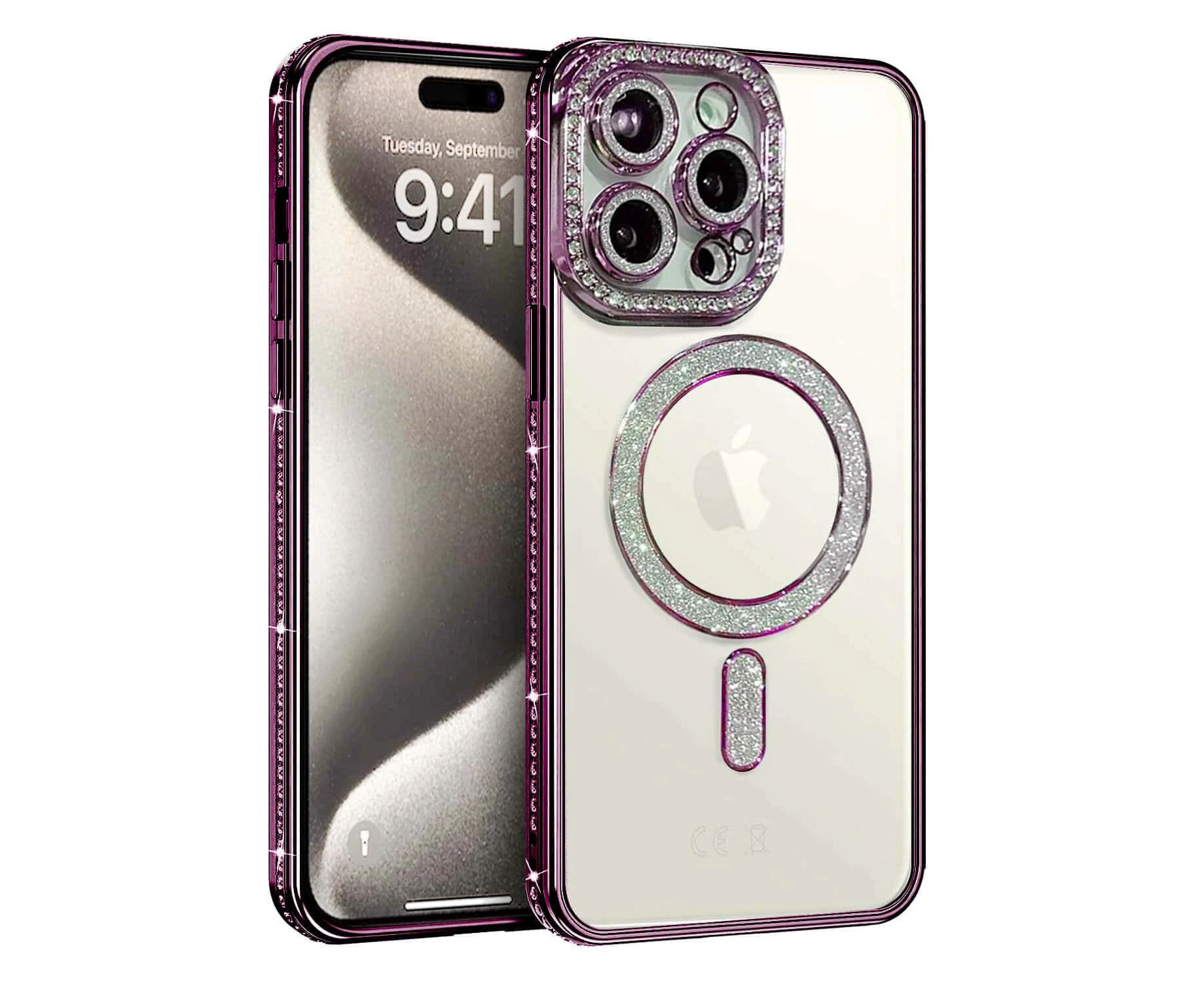 For Apple iPhone 16 Pro Case, MagSafe Magnetic Diamond Rhinestone Glitter Cute Crystal Bling Full Camera Lens Protector Shockproof Cover – Purple