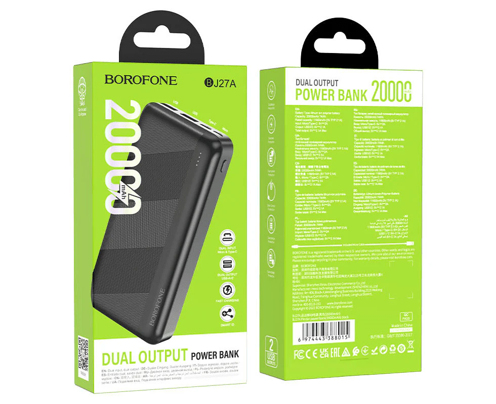 BOROFONE (BJ27A) 20000mAh Charging 4 Ports (2 USB + 1 Type +1 Micro USB) Portable Power Bank (Black)