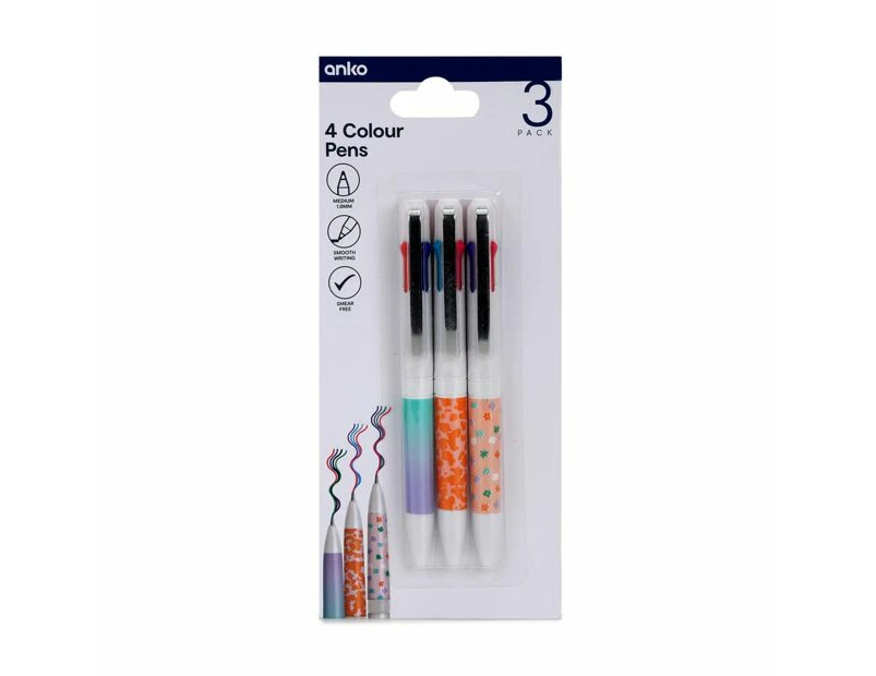 3 Pack 4 Colour Pens - Anko