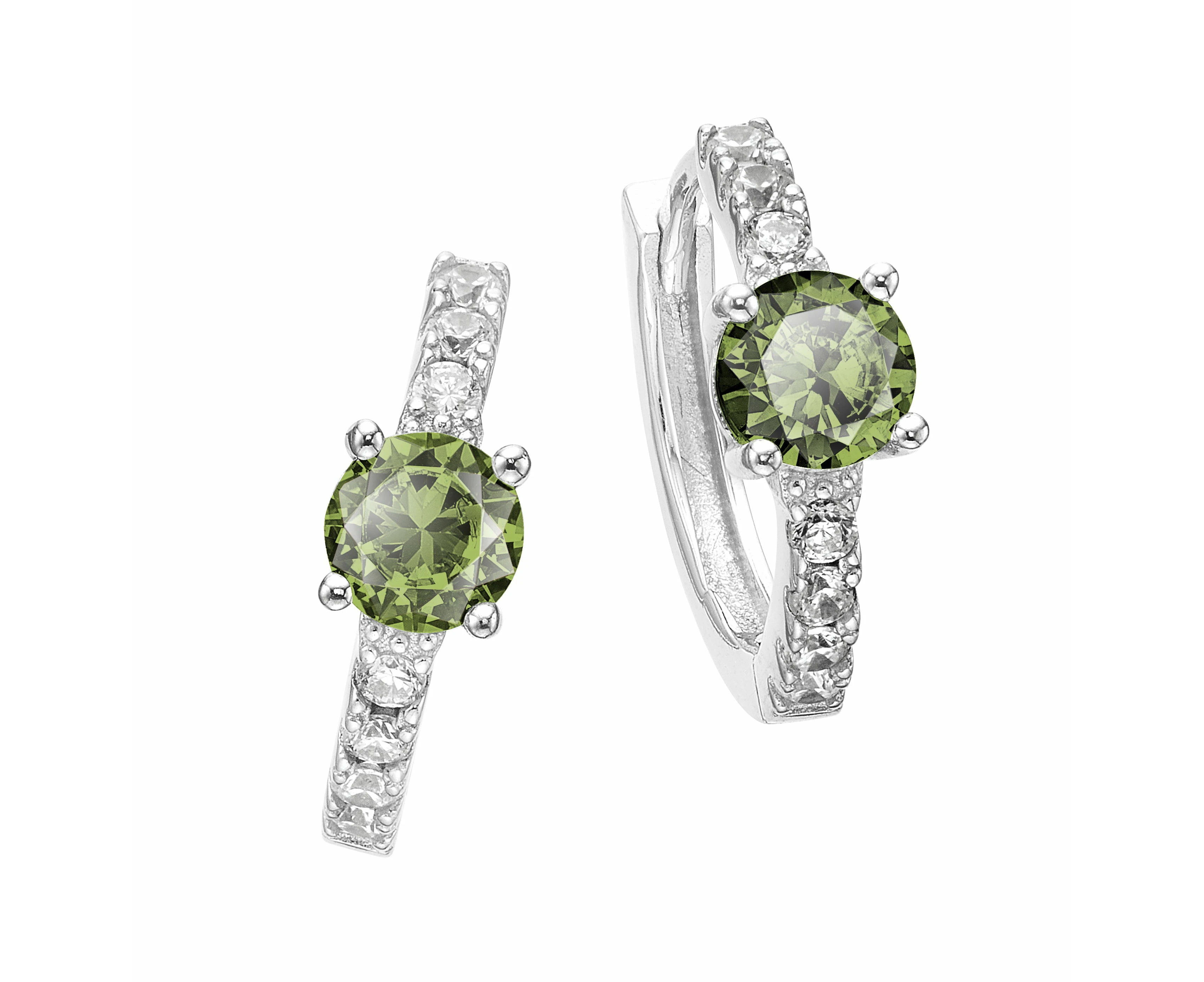 Sterling Silver with Round Green and White Cubic Zirconia August  Birthstone  Hoop Earrings