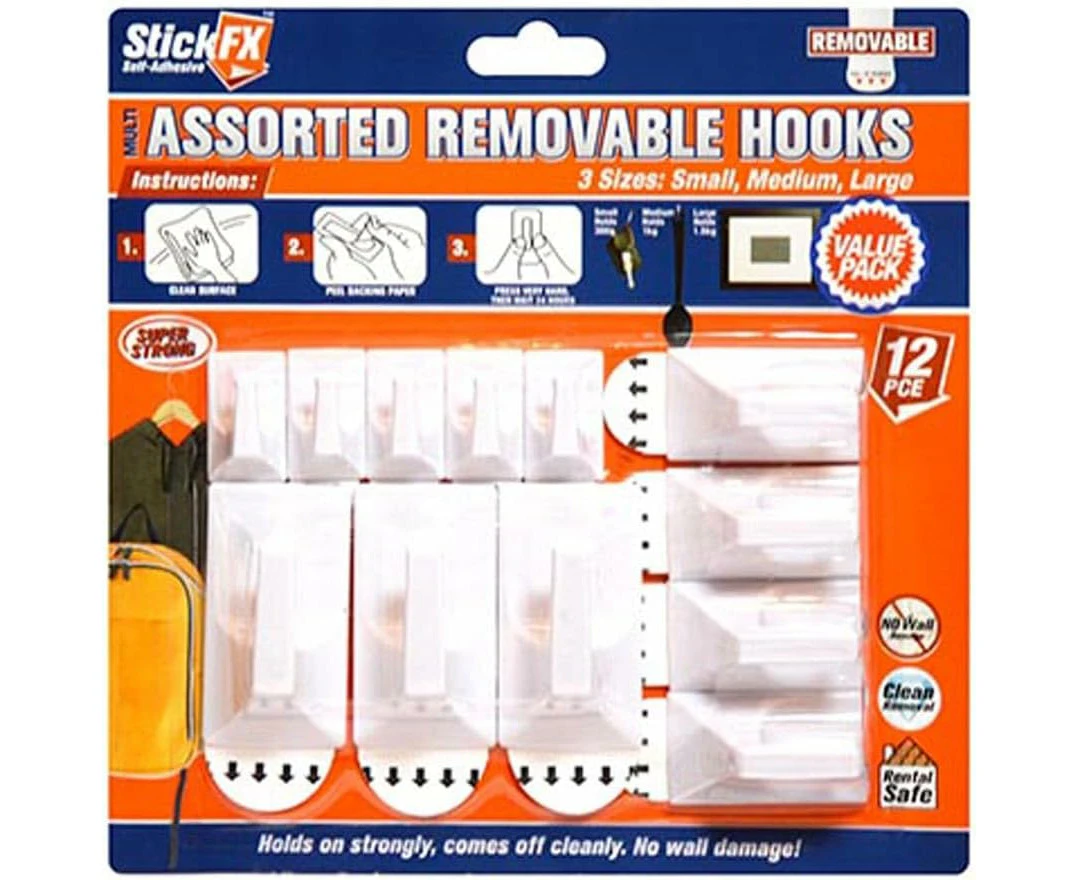 StickFX 12pce Assorted Removable Sticky Adhesive Hooks Set Suitable For Photos/Frames