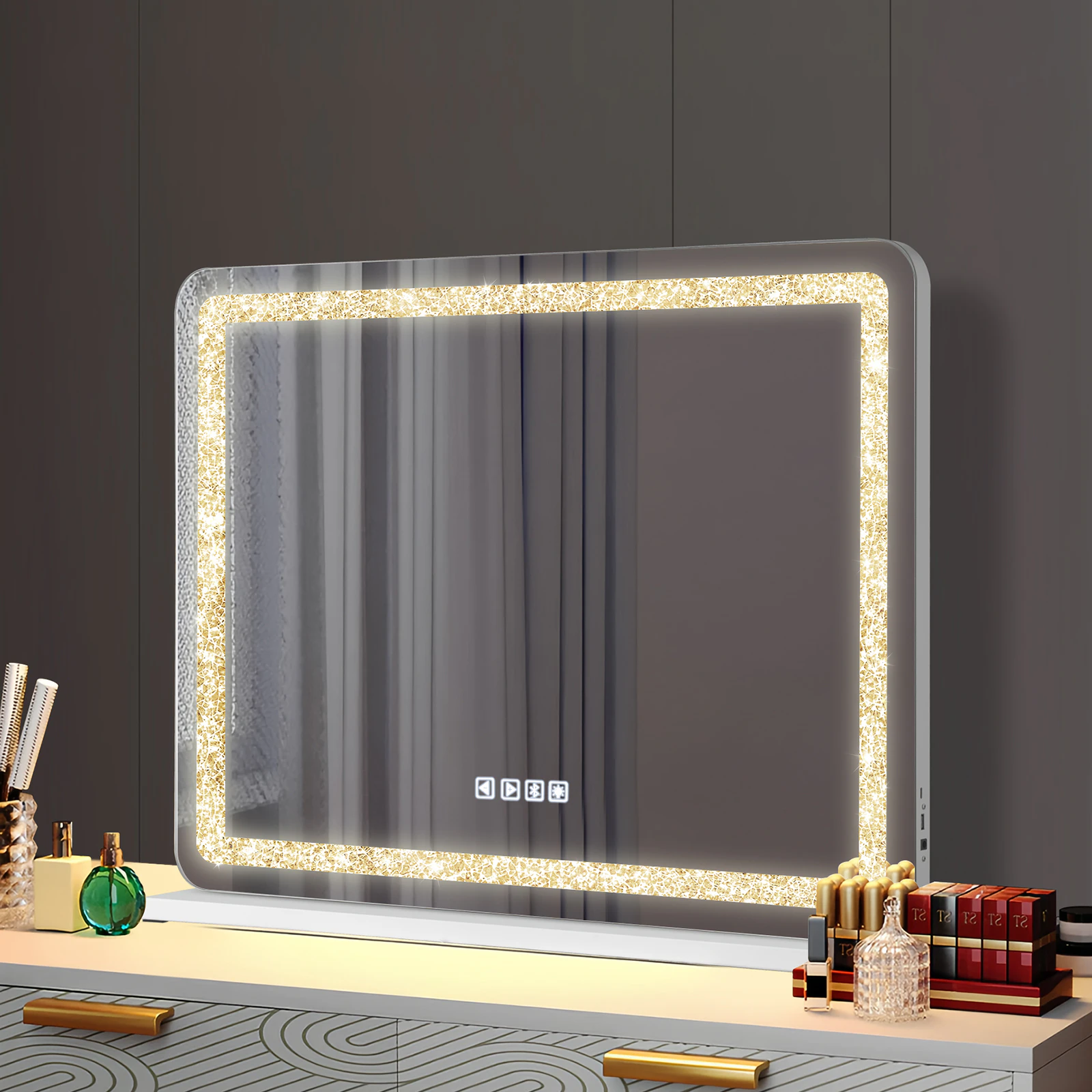 Bluetooth Makeup Mirror with Light LED Crystal 800x600mm Vanity Mirror tabletop Standing/Wall Mounted