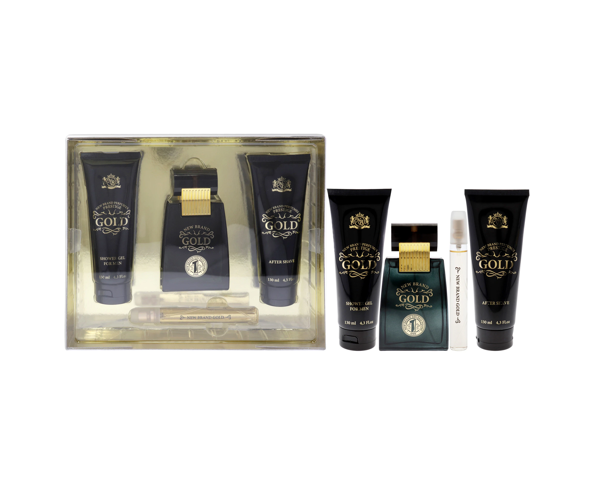 Gold by New Brand for Men - 3 Pc Gift Set 3.3oz EDT Spray, 0.5oz EDT Spray, 4.3oz Shower Gel, 4.3oz After Shave