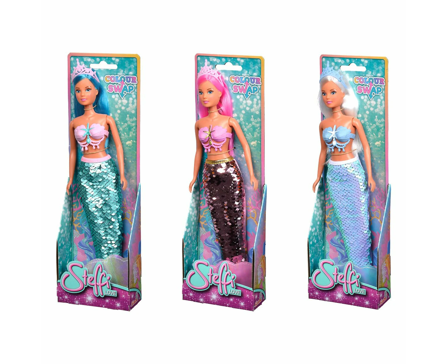 Simba 105733498 Steffi Love Colour Swap, 3-Way Assorted, Only One Item Delivered, Mermaid Doll with Sequin Tail Fin and Great Swap Effect, 29 cm, for Child