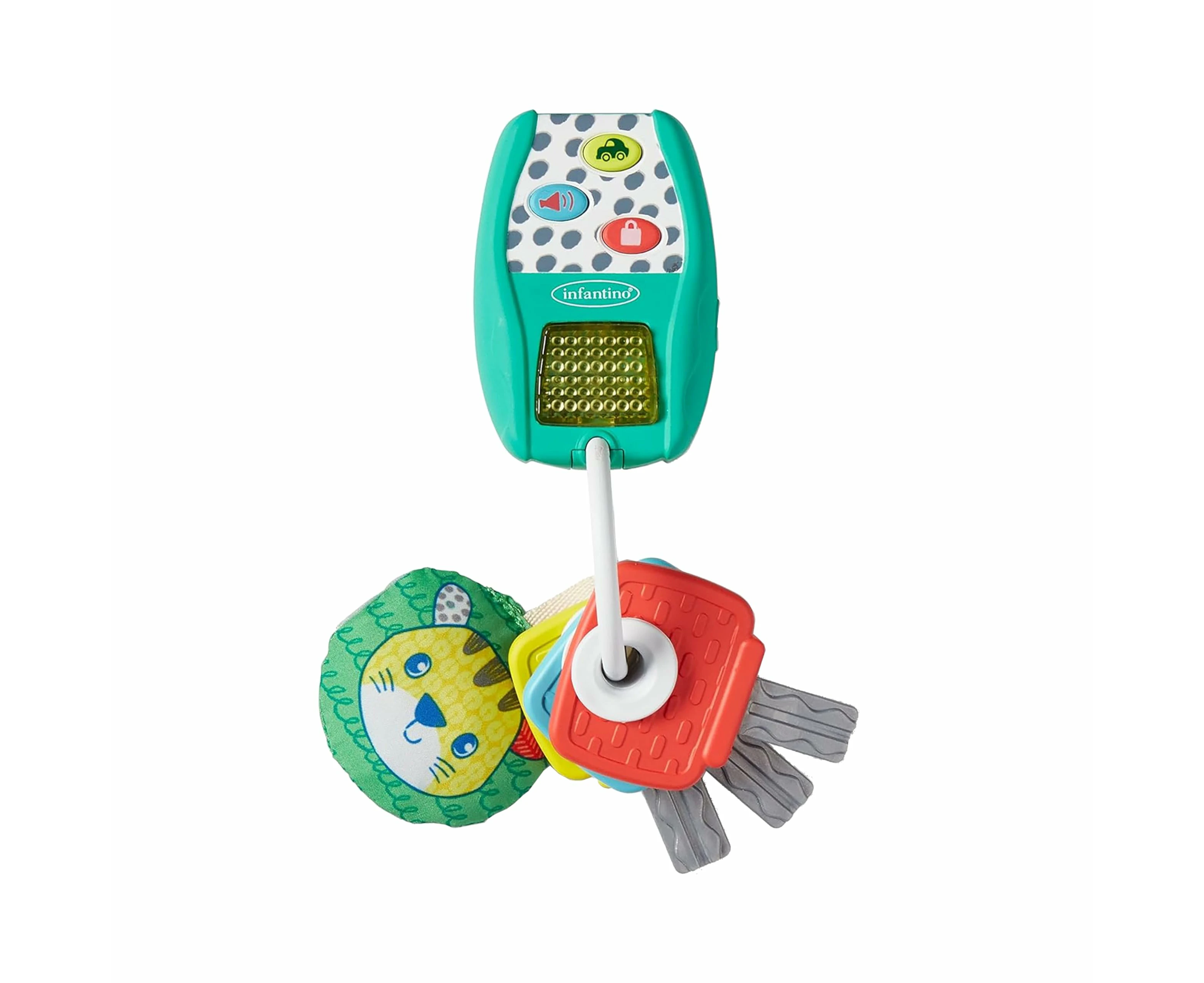 Infantino Music & Lights Key Ring - 4 Easy Press Buttons, Real Car Sounds, Crinkle Character & Rattling Keys, Ages 3 Months +