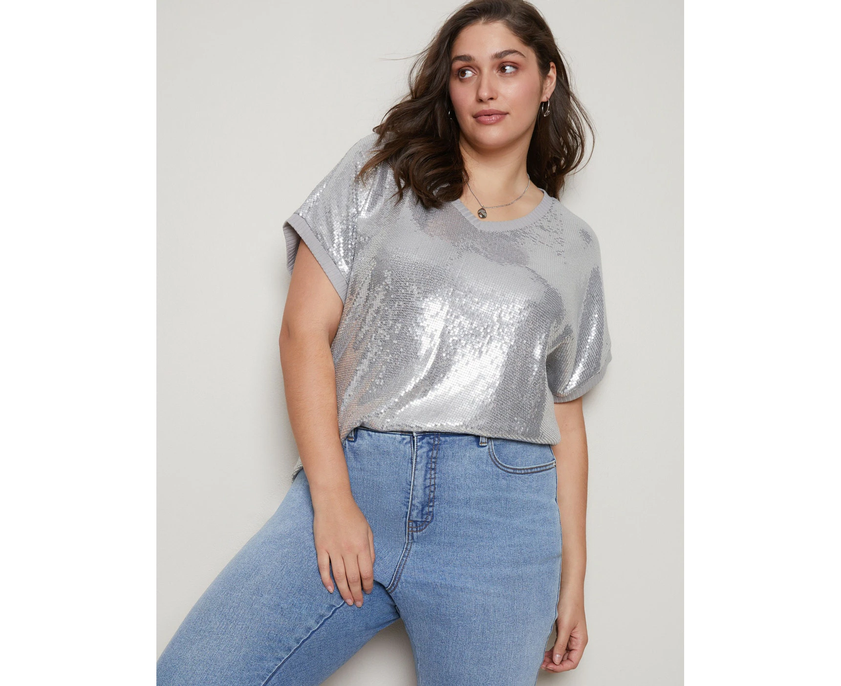 AUTOGRAPH - Plus Size - Womens -  Short Sleeve Sequin Tee - Silver