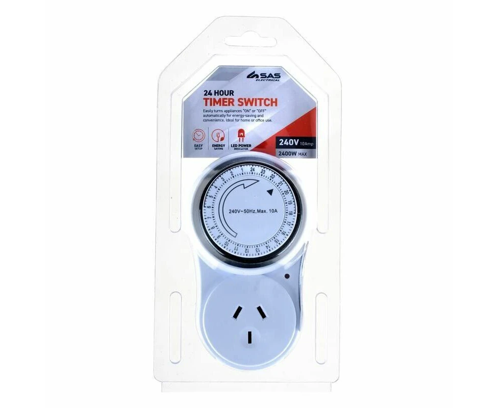 Timer 24Hour Switching Period 15min Intervals White 120mm x 70mm 240V 10A