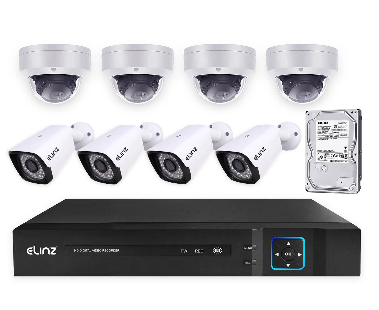 Elinz 8CH AHD 1080P HD Video & Audio Recording CCTV Surveillance DVR 4x Outdoor Bullet 4x Vandal-proof Dome Security Camera System 2TB HDD